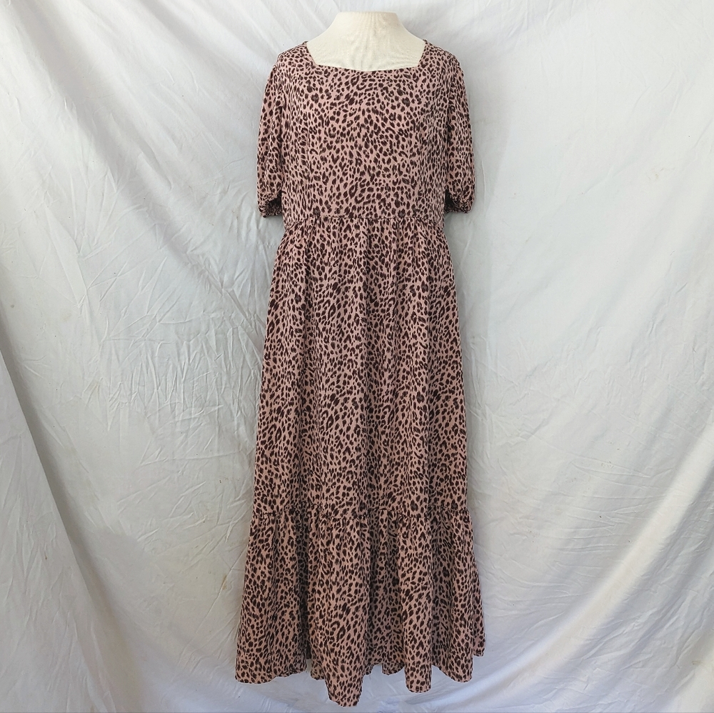 Pretty Garden Leopard Cheetah Print Peasant Midi Dress